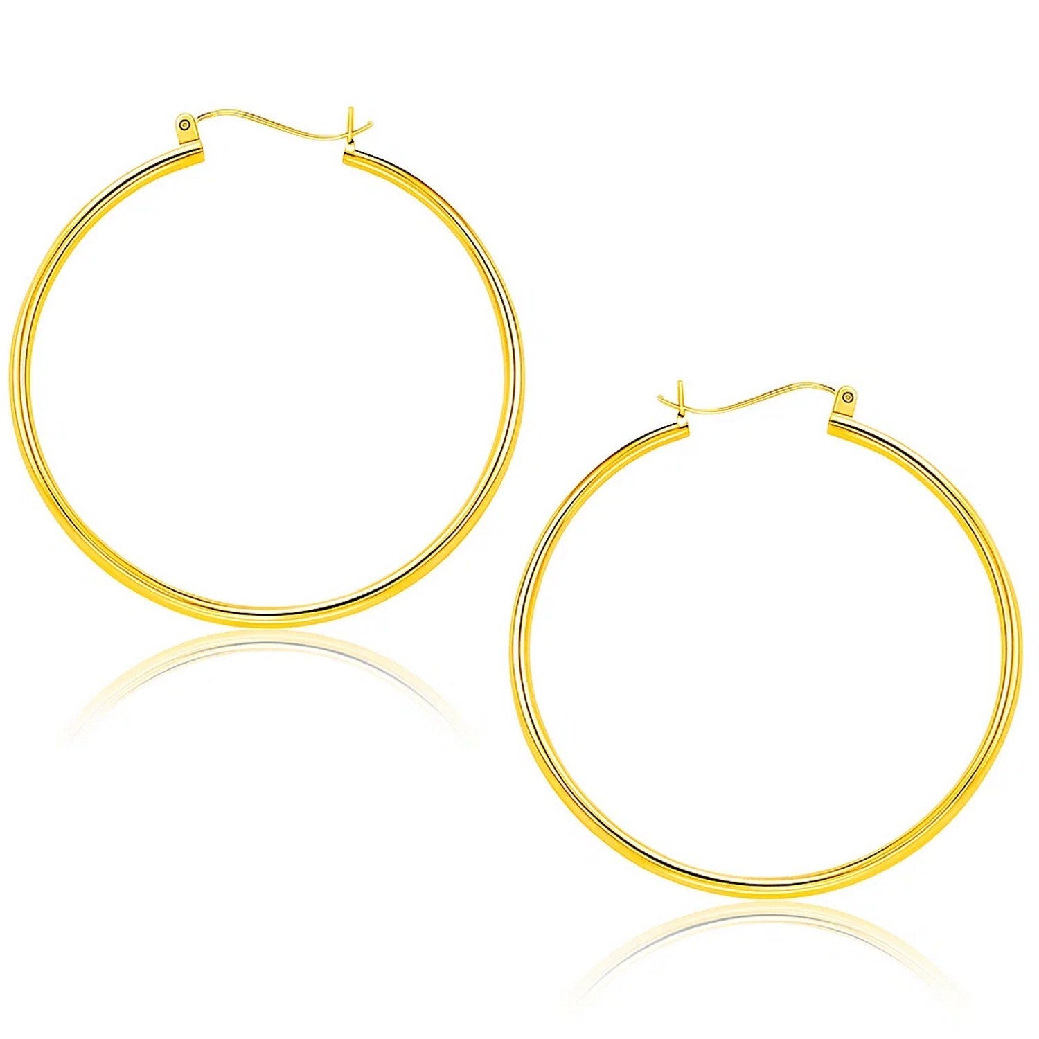10k Yellow Gold Polished Hoop Earrings (1.5x40mm) in a sleek high-contrast midnight luxury editorial style
